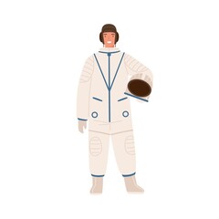 Professional cosmonaut in uniform. Young smiling astronaut in spacesuit holding helmet. Male spaceman character. Flat vector cartoon illustration isolated on white background