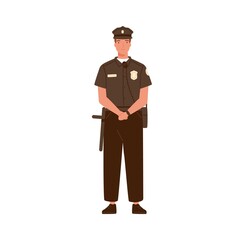 Young handsome police officer or cop isolated on white background. Policeman in uniform equipped with walkie talkie and baton. Sheriff in professional outfit. Flat vector cartoon illustration