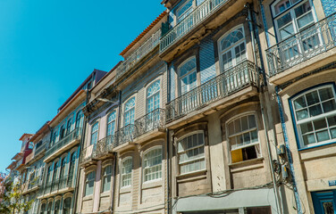 Fototapeta premium Traditional blue tile azulejo facade houses in central Porto, Portugal