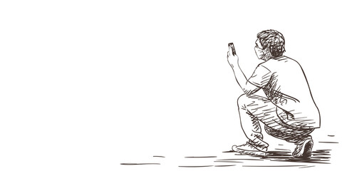 Man in medical face mask squatting and taking picture with smartphone Vector drawing, People at coronavirus pandemic sketch. Hand drawn illustration isolated on white background with space for text