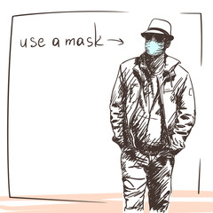 Stylish young man in medical face mask, in hat, hands in pockets walking, Use a mask banner, Coronavirus pandemic people sketch. Hand drawn illustration isolated white background with copy space