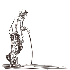 Old man in medical face mask walking slowly leaning on stick, Coronavirus pandemic people sketch. Hand drawn illustration isolated on white background with copy space