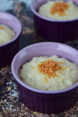 Tapioca pearl pudding dessert with coconut milk garnish with toasted desiccated coconut