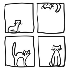Cat in window doodle. Simple drawing of four cats inside square geometric shape each in different poses, Black and white outline vector sketch