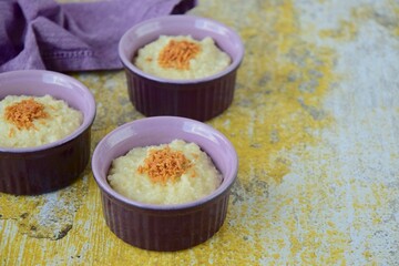 Tapioca pearl pudding dessert with coconut milk garnish with toasted desiccated coconut