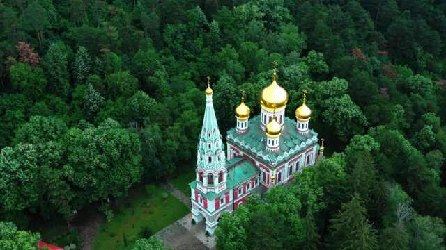 Aerial view of the memorial church Birth of Christ near Shipka, Bulgaria.