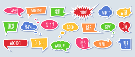 Paper speech bubble with phrases - colorful cartoon comic bubbles and clouds.