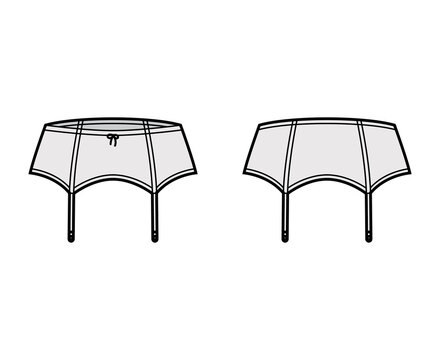 Gather suspender belt High Waist stretch lingerie technical fashion illustration with bow, Elastic waistband. Flat template front, back grey color style. Women men unisex underwear CAD mockup