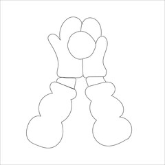 Winter Cozy mood concept. line art female hands silhouette in mittens holding a snowball. For your creative design. Outline abstraction.Modern Hand drawn vector illustration isolated on white