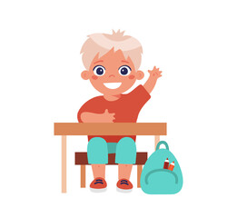 Happy little boy sitting at a desk at a lesson. Cartoon character for school, kindergarten, children development design. Flat vector illustration isolated on white background.
