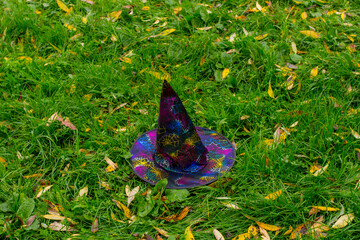 hat of a sorcerer, a witch on the grass. Happy Halloween