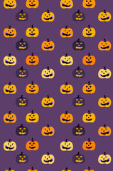 Halloween Pumpkin Seamless Pattern.Jack-o-lantern,Endless Violet , Orange Bright Background,Cute Pumpkins.All Saints Day Banner.Bright Greeting Happy Halloween.Textile Print.Spooky Vector Illustration