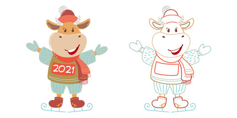 Cute cartoon cow. Vector illustration with bull, symbol of the Chinese new year 2021. Cow on ice. Coloring pages.