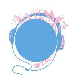 Frame with flowers, headphones, and blue background. Isolated on white background. Funky mood. Music icon