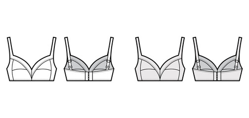 Bra soft cup lingerie technical fashion illustration with full adjustable shoulder straps, hook-and-eye closure. Flat brassiere template front, back white color style. Women men underwear CAD mockup