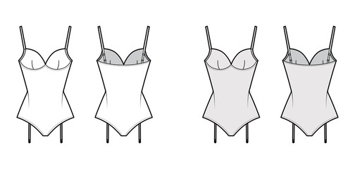 Fototapeta premium Teddiette gartered bodysuit technical fashion illustration with molded cup, adjustable shoulder straps. Flat one-piece apparel template front, back white grey color. Women unisex underwear CAD mockup