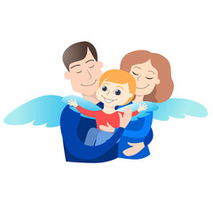 A family of father, mother and little boy. Parents hold their son in their arms, everyone has wings. Family support, trust and love concept in cartoon flat style. All have joyful and happy faces.