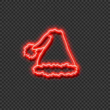 Vector Neon Red Chritstmas Santas Hat Isolated on Dark Transparent Background, Colorful Illustration, Bright Light.