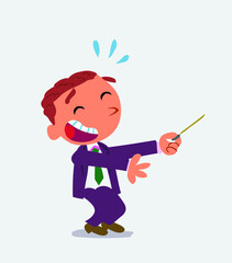 cartoon character of businessman laughs while pointing to the side with a pointer.