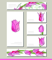 Floral spring templates with cute bunches of red tulips. For romantic and easter design, announcements, greeting cards, posters, advertisement.