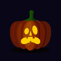 Orange pumpkin lantern with a scary face for Halloween. Festive decoration. Cartoon vector illustration on dark background