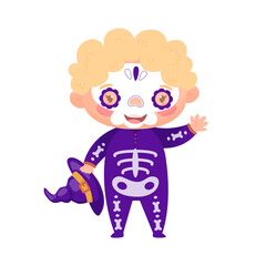 Cute kid in Halloween skeleton costume. Vector illustration.