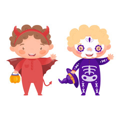 Cute kids in Halloween costumes. Vector illustration.