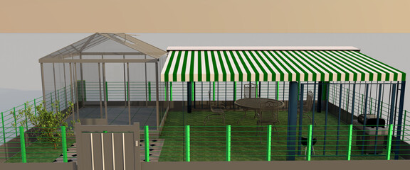 Croft. Gazebo for outdoor recreation with wicker furniture and barbecue, located next to the greenhouse. 3D rendering. © Людмила Пономарева
