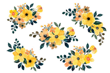 Fototapeta na wymiar Yellow floral bouquet collection with watercolor