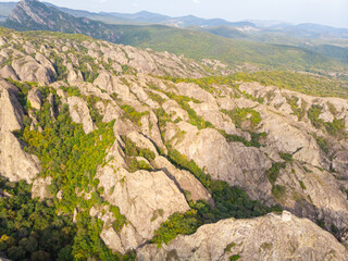 Fototapeta na wymiar Aerial view down to the rock formations with woodlands in Birtvisi canyon in Georgia.