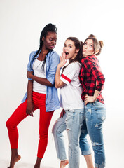 Fototapeta premium diverse nation girls group, teenage friends company cheerful having fun, happy smiling, cute posing isolated on white background, lifestyle people concept
