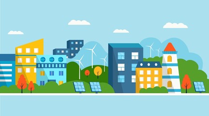 Green modern house with solar panels and wind turbine. Eco friendly alternative energy. Ecosystem city landscape. Flat vector illustration.