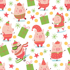 Christmas pattern with funny pigs, gifts and stars.