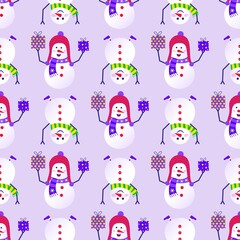 Merry Christmas cute seamlees pattern with snowman and snowflakes for happy new year presents. Scandinavian style set for invitation, children room, nursery decor, interior design, textile