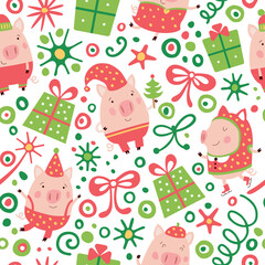 Christmas pattern with funny pigs, gifts and stars.