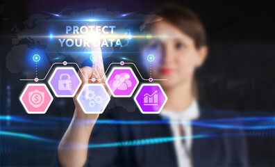 Business, technology, internet and network concept. Young businessman thinks over the steps for successful growth: Protect your data