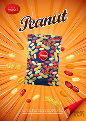 Peanut in a packet. Vertical Poster for advertising with branded product.