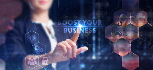 Business, technology, internet and network concept. Young businessman thinks over the steps for successful growth: Boost your business