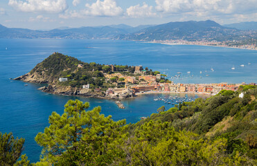 Aerial view of the "Baia del Silenzio" (Bay of Silence) in Sestri Levante, Ligurian coast, Genoa province, Italy.