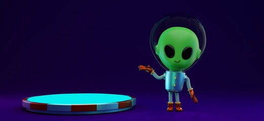 3D render concept illustration of alien character in space suit presenting something on glowing base