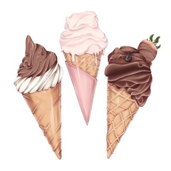 Three delicious ice cream. Vanilla with chocolate, strawberry and chocolate with strawberries ice creams in waffle horns. 