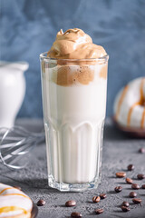 Dalgona coffee close up. Delicious popular drink.