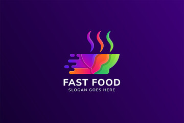 colorful bowl combined with smoke and speed symbol as fast food logo design template isolated in purple gradient background. 