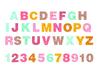 alphabet for children. Kids learning material. Card for learning alphabet. colored alphabet and numbers in white dots and stars