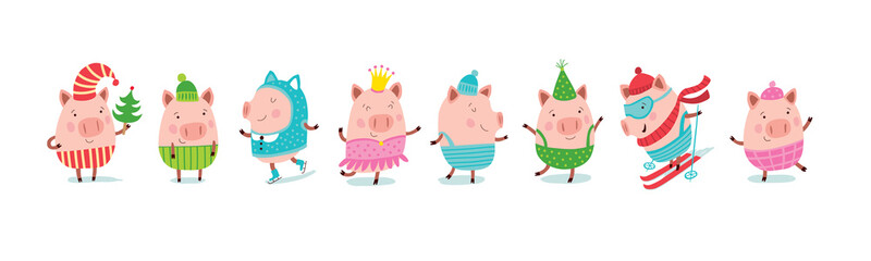 Set of cheerful and cute piglets for decoration of holiday prints. Christmas pigs.  © Elena Melnikova