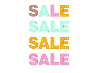 colored inscription sale with stars and dots on a white background