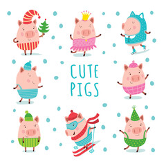 Set of cheerful and cute piglets for decoration of holiday prints. Christmas pigs. 