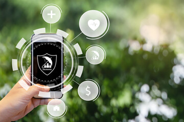 Hand holding smartphone for select insurance technology (Insurtech). Insurance concept.