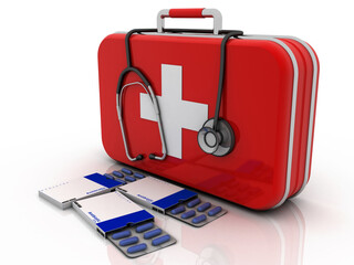 3d rendering First aid kit with stethoscope near pill
