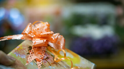 Lotuses on gift boxes tied with lotus flowers given to each other on New Year's Day